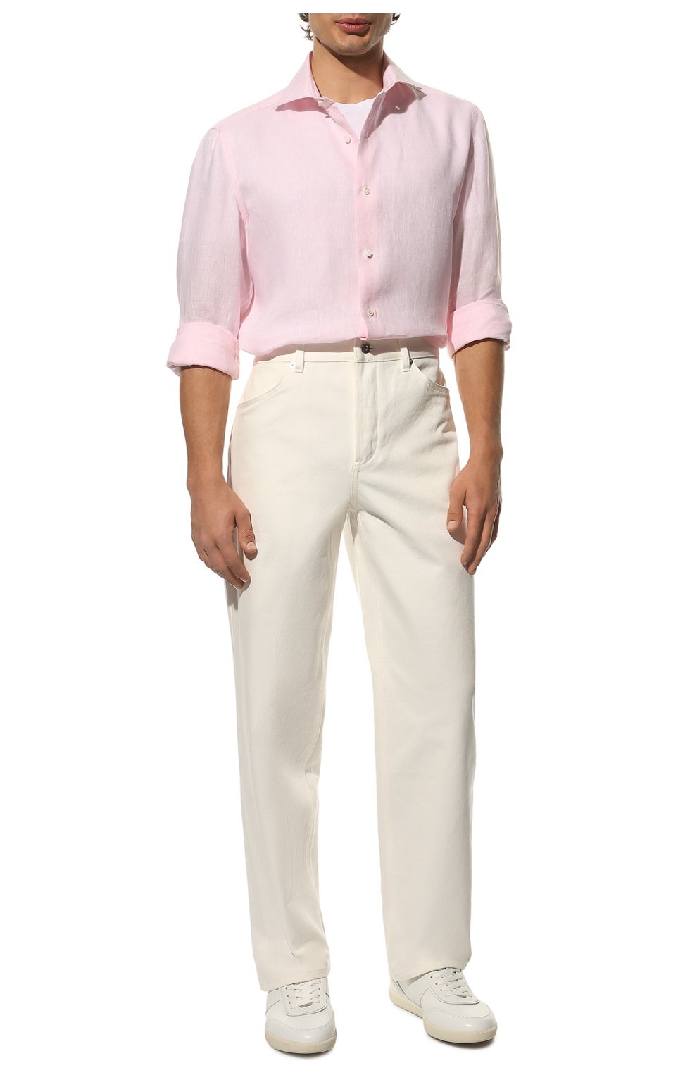 Мужская льняная рубашка LUIGI BORRELLI светло-розового цвета, арт. SR2224/NAND0/ST/EV1/PC | Фото 2 (Манжеты: На пуговицах; Рукава: Длинные; Рубашки М: Super Slim Fit; Воротник: Акула; Случай: Повседневный; Длина (для топов): Стандартные; Материал внешний: Лен; Принт: Однотонные; Стили: Романтичный)