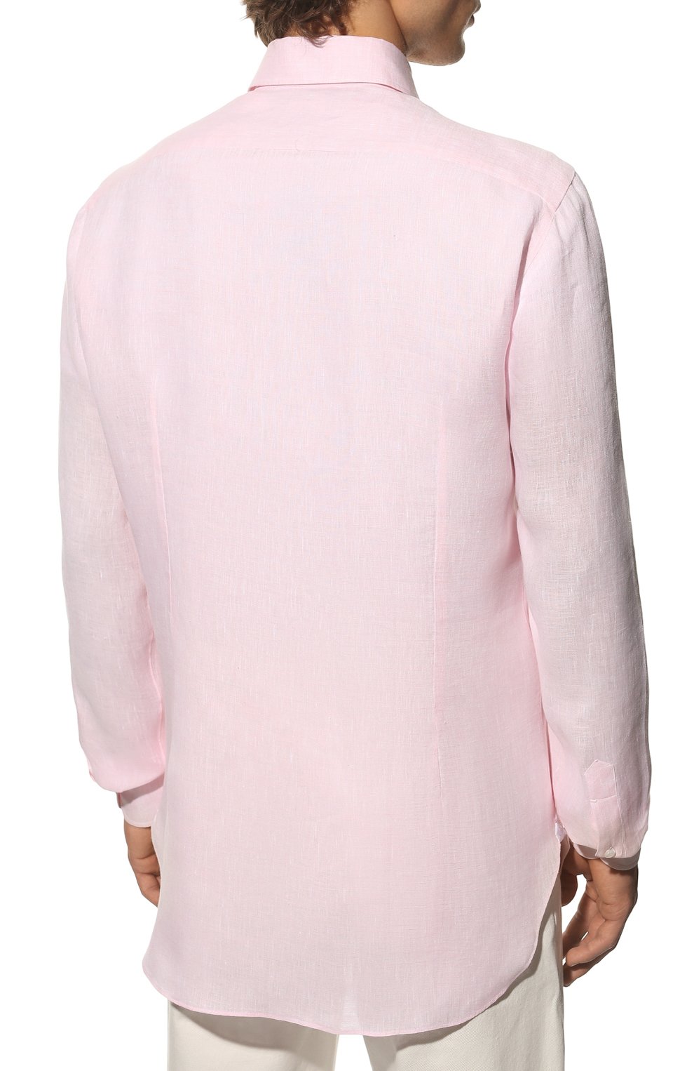 Мужская льняная рубашка LUIGI BORRELLI светло-розового цвета, арт. SR2224/NAND0/ST/EV1/PC | Фото 4 (Манжеты: На пуговицах; Рукава: Длинные; Рубашки М: Super Slim Fit; Воротник: Акула; Случай: Повседневный; Длина (для топов): Стандартные; Материал внешний: Лен; Принт: Однотонные; Стили: Романтичный)