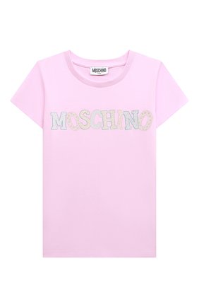 Детская хлопковая футболка MOSCHINO розового цвета, арт. HAM04L/LBA00/10A-14A | Фото 1 (Материал внешний: Хлопок; Рукава: Короткие; Девочки Кросс-КТ: футболка-одежда)