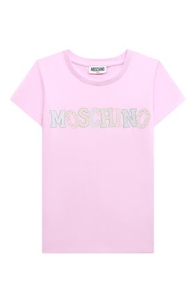 Детская хлопковая футболка MOSCHINO розового цвета, арт. HAM04L/LBA00/4A-8A | Фото 1 (Материал внешний: Хлопок; Рукава: Короткие; Девочки Кросс-КТ: футболка-одежда)