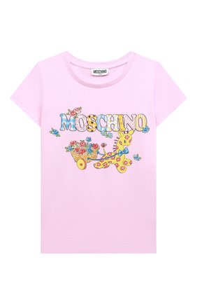Детская хлопковая футболка MOSCHINO розового цвета, арт. HDM04L/LBA00/10A-14A | Фото 1 (Рукава: Короткие; Материал внешний: Хлопок; Девочки Кросс-КТ: футболка-одежда)