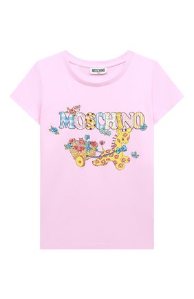 Детская хлопковая футболка MOSCHINO розового цвета, арт. HDM04L/LBA00/4A-8A | Фото 1 (Рукава: Короткие; Материал внешний: Хлопок; Девочки Кросс-КТ: футболка-одежда)