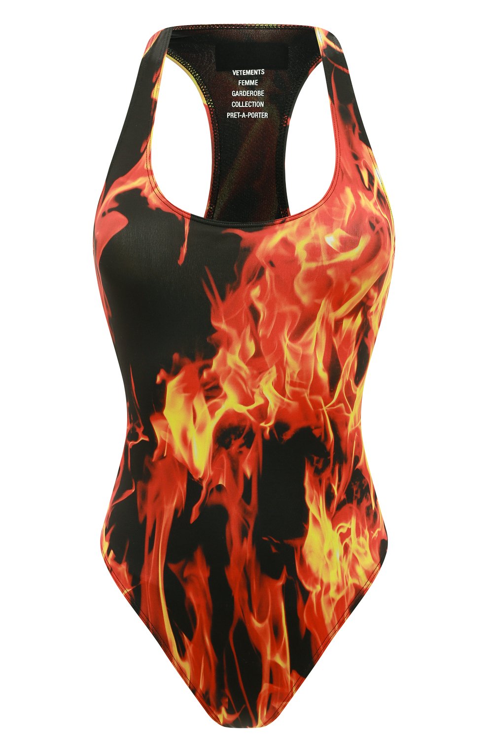 Женский слитный купальник VETEMENTS оранжевого цвета, арт. WE52TR120F 2604/FIRE PRINT | Фото 1 (Длина Ж (юбки, платья, шорты): Мини; Материал внешний: Синтетический материал; Женское Кросс-КТ: Слитные купальники)