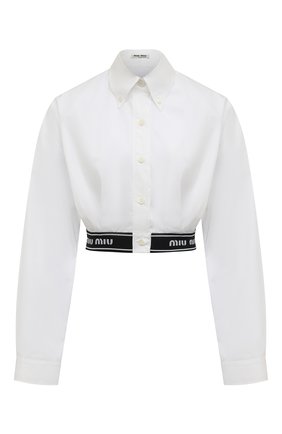 Женская хлопковая рубашка MIU MIU белого цвета, арт. MK1435-1UCS-F0009 | Фото 1 (Рукава: Длинные; Материал внешний: Хлопок; Длина (для топов): Укороченные; Женское Кросс-КТ: Рубашка-одежда; Стили: Кэжуэл; Принт: Без принта)