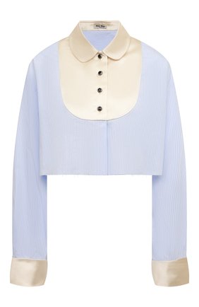 Женская хлопковая блузка MIU MIU голубого цвета, арт. MK1605-10AR-F0012 | Фото 1 (Рукава: Длинные; Материал внешний: Хлопок; Длина (для топов): Укороченные; Женское Кросс-КТ: Блуза-одежда; Стили: Кэжуэл)
