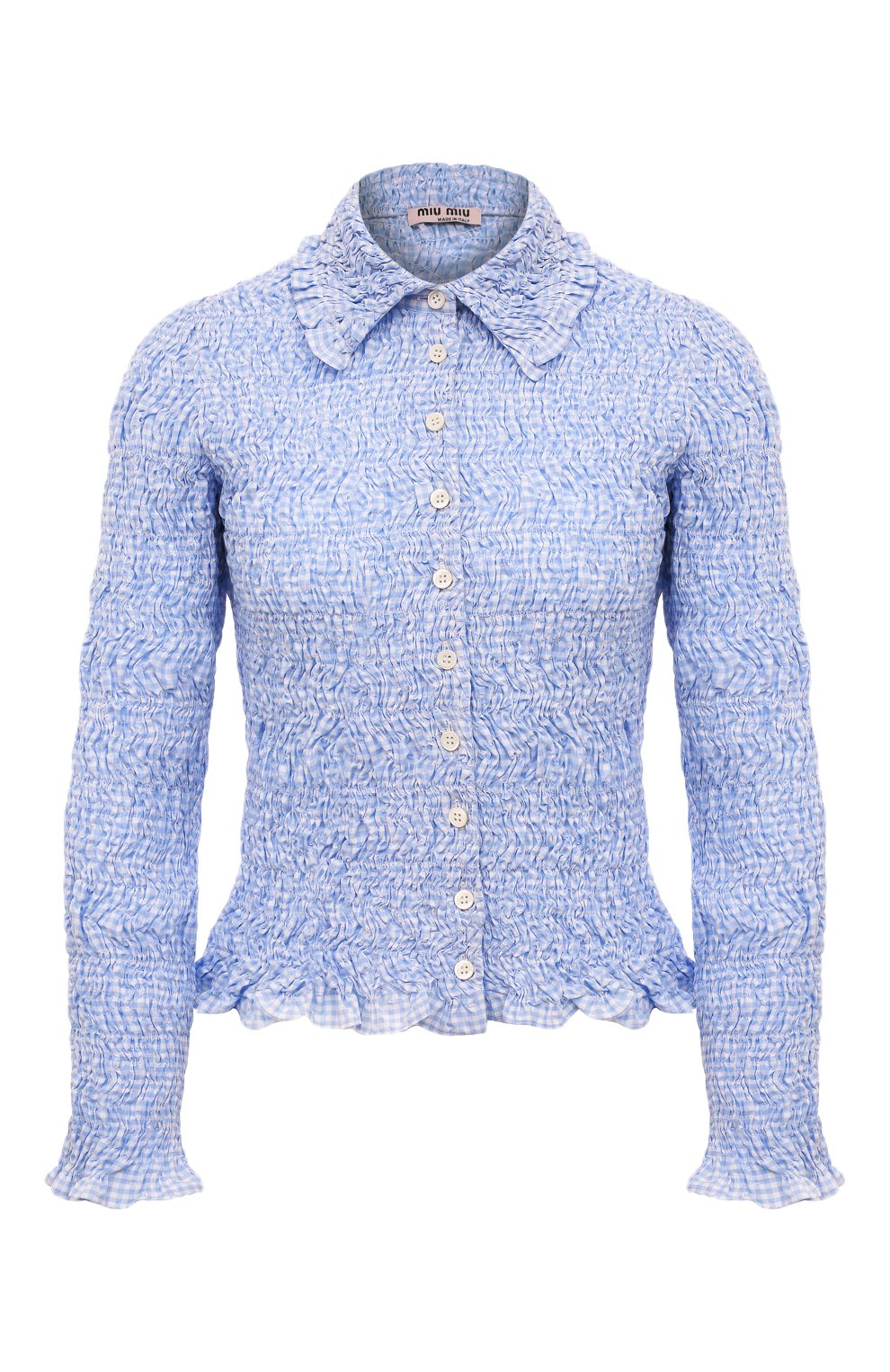 Женская хлопковая блузка MIU MIU голубого цвета, арт. MK1617-2AP2-F0012 | Фото 1 (Рукава: Длинные; Длина (для топов): Стандартные; Материал внешний: Хлопок; Стили: Романтичный; Женское Кросс-КТ: Блуза-одежда)