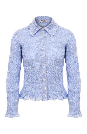 Женская хлопковая блузка MIU MIU голубого цвета, арт. MK1617-2AP2-F0012 | Фото 1 (Материал внешний: Хлопок; Рукава: Длинные; Длина (для топов): Стандартные; Женское Кросс-КТ: Блуза-одежда; Стили: Романтичный)
