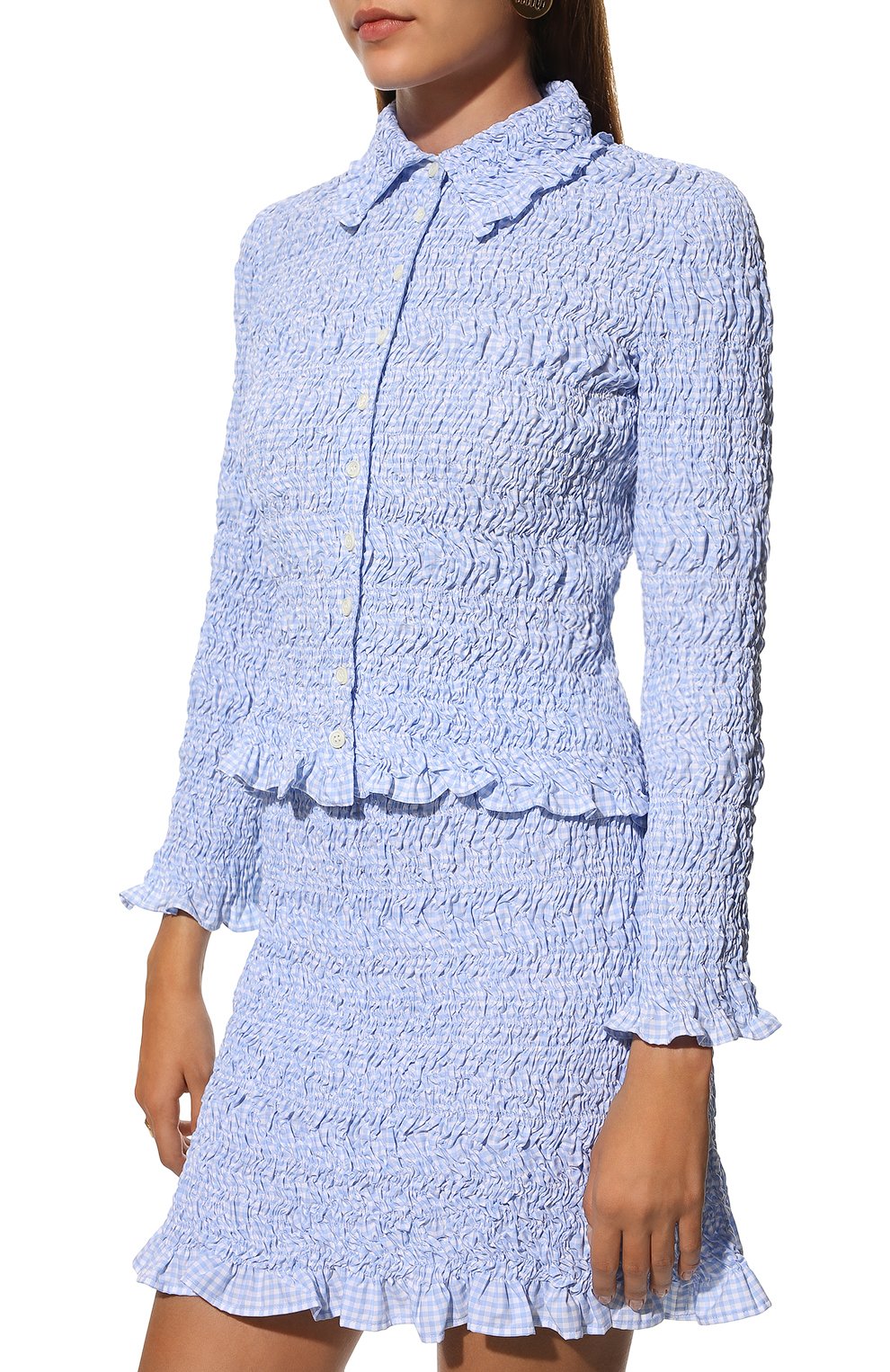 Женская хлопковая блузка MIU MIU голубого цвета, арт. MK1617-2AP2-F0012 | Фото 3 (Рукава: Длинные; Длина (для топов): Стандартные; Материал внешний: Хлопок; Стили: Романтичный; Женское Кросс-КТ: Блуза-одежда)