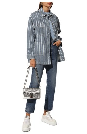Женская джинсовая куртка MIU MIU голубого цвета, арт. GWB139-10DT-F0008 | Фото 2 (Рукава: Длинные; Материал внешний: Хлопок, Деним; Длина (верхняя одежда): До середины бедра; Кросс-КТ: Куртка, Деним; Стили: Гранж)