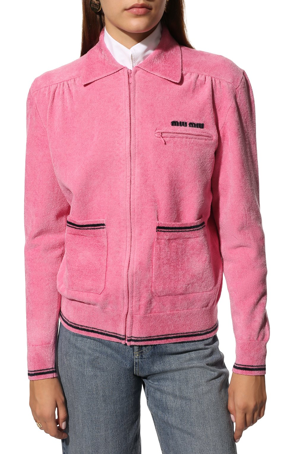 Женский кардиган MIU MIU розового цвета, арт. MMF426-1YT1-F0028 | Фото 3 (Рукава: Длинные; Материал внешний: Синтетический материал, Вискоза; Длина (для топов): Стандартные; Стили: Спорт-шик; Женское Кросс-КТ: Кардиган-одежда)