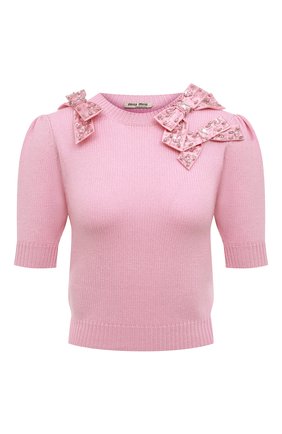 Женский кашемировый пуловер MIU MIU розового цвета, арт. MML462-1JX7-F0V94 | Фото 1 (Материал внешний: Шерсть, Кашемир; Длина (для топов): Укороченные; Рукава: Короткие; Женское Кросс-КТ: Пуловер-одежда; Стили: Романтичный)