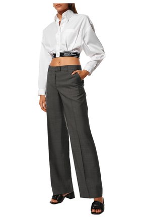 Женские шерстяные брюки MIU MIU темно-серого цвета, арт. MP1585-10DI-F0480 | Фото 2 (Материал внешний: Шерсть; Длина (брюки, джинсы): Удлиненные; Женское Кросс-КТ: Брюки-одежда; Силуэт Ж (брюки и джинсы): Широкие; Стили: Кэжуэл)