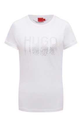 Женская хлопковая футболка HUGO белого цвета, арт. 50461532 | Фото 1 (Рукава: Короткие; Материал внешний: Хлопок; Длина (для топов): Стандартные; Женское Кросс-КТ: Футболка-одежда; Принт: С принтом; Стили: Гламурный)