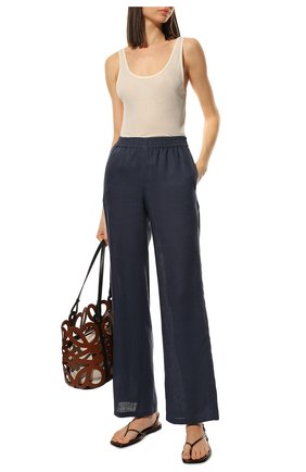 Женские льняные брюки EMPORIO ARMANI синего цвета, арт. INP2PT/I2057 | Фото 2 (Длина (брюки, джинсы): Стандартные; Материал подклада: Хлопок; Материал внешний: Лен; Стили: Кэжуэл; Женское Кросс-КТ: Брюки-одежда; Силуэт Ж (брюки и джинсы): Расклешенные)