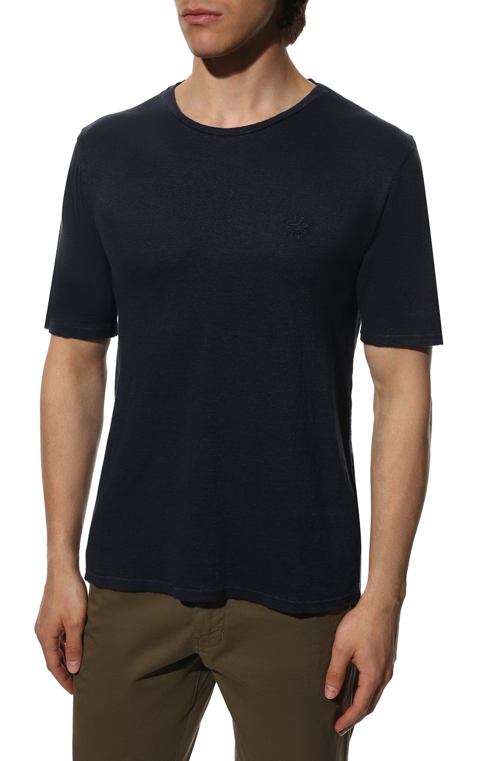Мужская льняная футболка JACOB COHEN темно-синего цвета, арт. U 4 002 05 M 4371/Y99 | Фото 3 (Принт: Без принта; Рукава: Короткие; Длина (для топов): Стандартные; Материал внешний: Лен; Стили: Кэжуэл)