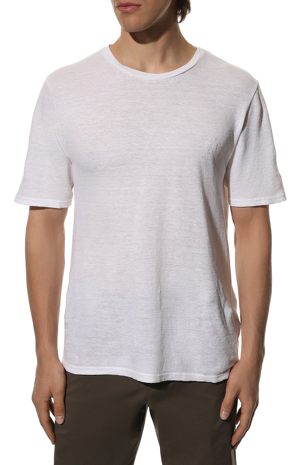 Мужская льняная футболка JACOB COHEN белого цвета, арт. U 4 002 05 M 4371/A00 | Фото 3 (Принт: Без принта; Рукава: Короткие; Длина (для топов): Стандартные; Материал внешний: Лен; Стили: Кэжуэл)