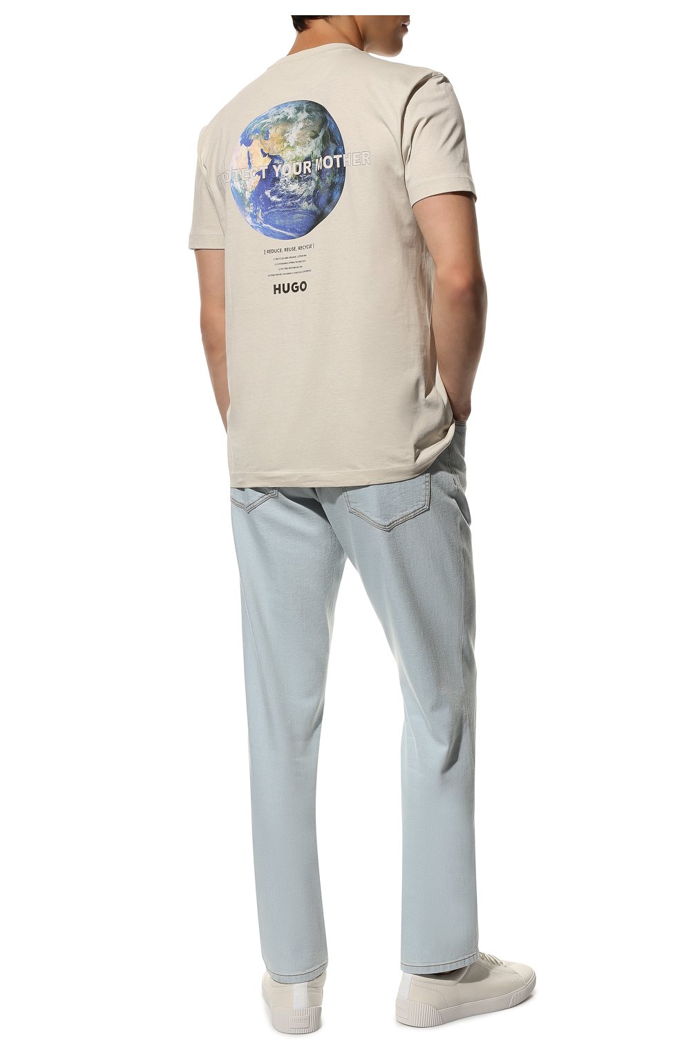 Мужская хлопковая футболка HUGO светло-бежевого цвета, арт. 50473808 | Фото 2 (Рукава: Короткие; Длина (для топов): Стандартные; Принт: С принтом; Материал внешний: Хлопок; Стили: Кэжуэл)