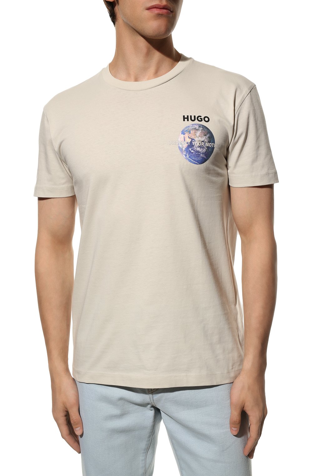 Мужская хлопковая футболка HUGO светло-бежевого цвета, арт. 50473808 | Фото 3 (Рукава: Короткие; Длина (для топов): Стандартные; Принт: С принтом; Материал внешний: Хлопок; Стили: Кэжуэл)