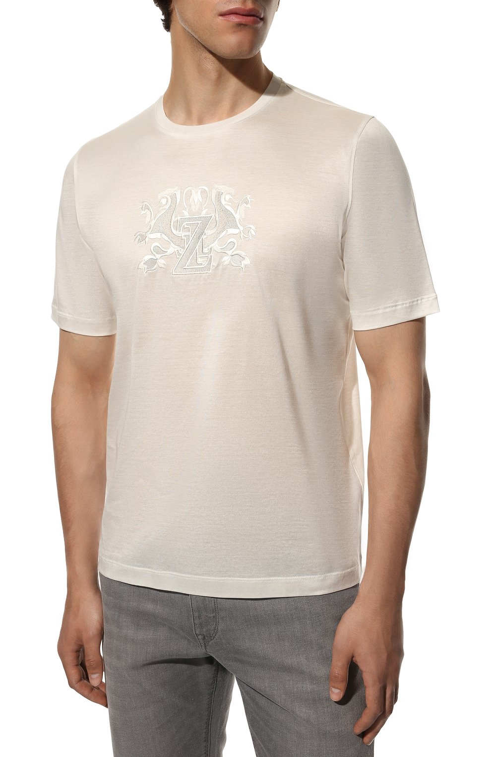 Мужская хлопковая футболка ZILLI кремвого цвета, арт. MEX-NT320-NELI1/MC01 | Фото 3 (Принт: Без принта; Рукава: Короткие; Длина (для топов): Стандартные; Материал внешний: Хлопок; Стили: Кэжуэл)