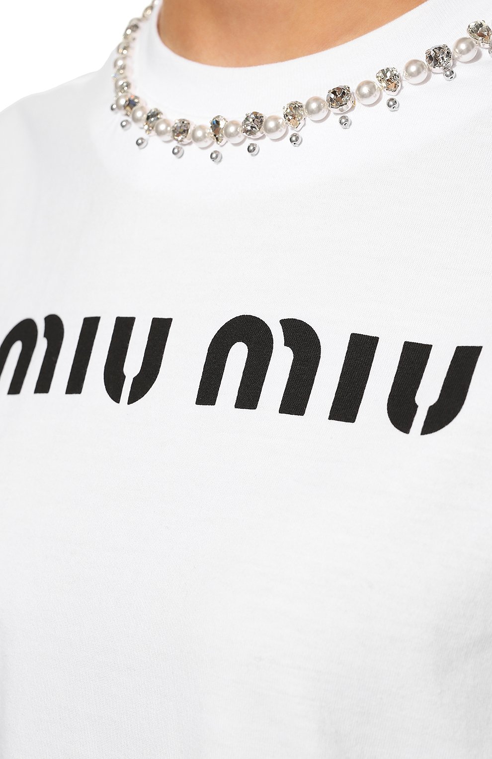 Женская хлопковая футболка MIU MIU белого цвета, арт. MJN352-1V6F-F0009 | Фото 5 (Длина (для топов): Стандартные; Принт: С принтом; Материал внешний: Хлопок; Женское Кросс-КТ: Футболка-одежда; Рукава: 3/4; Стили: Романтичный)
