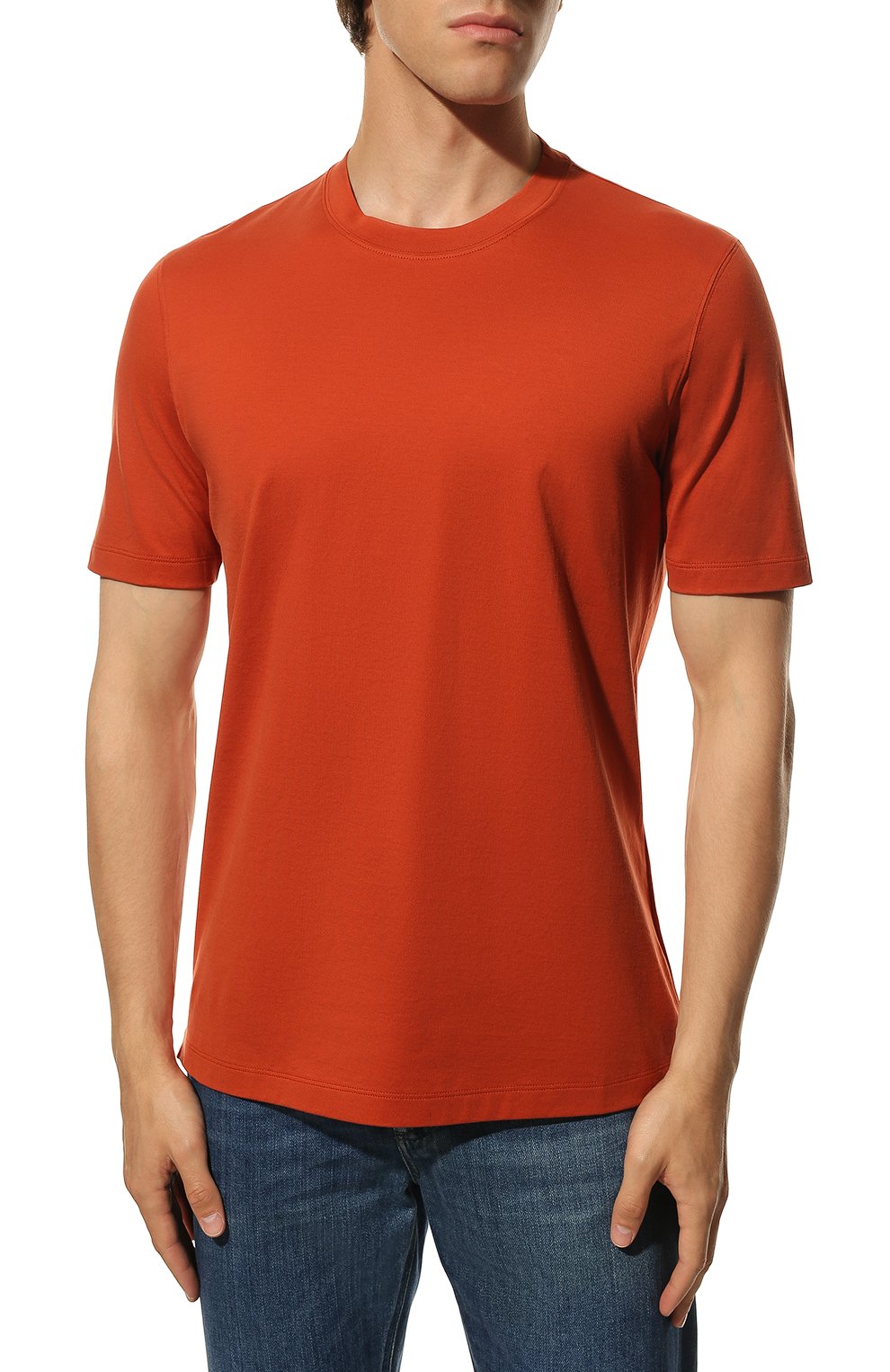 Мужская хлопковая футболка  BRUNELLO CUCINELLI оранжевого цвета, арт. M0T611308 | Фото 3 (Принт: Без принта; Рукава: Короткие; Длина (для топов): Стандартные; Материал внешний: Хлопок; Размерность: Маломерит; Стили: Кэжуэл)