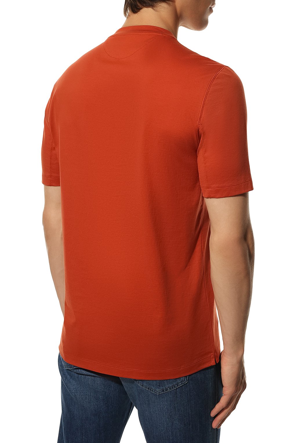 Мужская хлопковая футболка  BRUNELLO CUCINELLI оранжевого цвета, арт. M0T611308 | Фото 4 (Принт: Без принта; Рукава: Короткие; Длина (для топов): Стандартные; Материал внешний: Хлопок; Размерность: Маломерит; Стили: Кэжуэл)