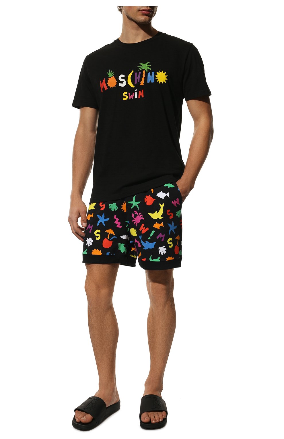 Мужская хлопковая футболка MOSCHINO черного цвета, арт. A1906/2316 | Фото 2 (Кросс-КТ: Пляж; Рукава: Короткие; Длина (для топов): Стандартные; Принт: С принтом; Материал внешний: Хлопок; Стили: Кэжуэл)