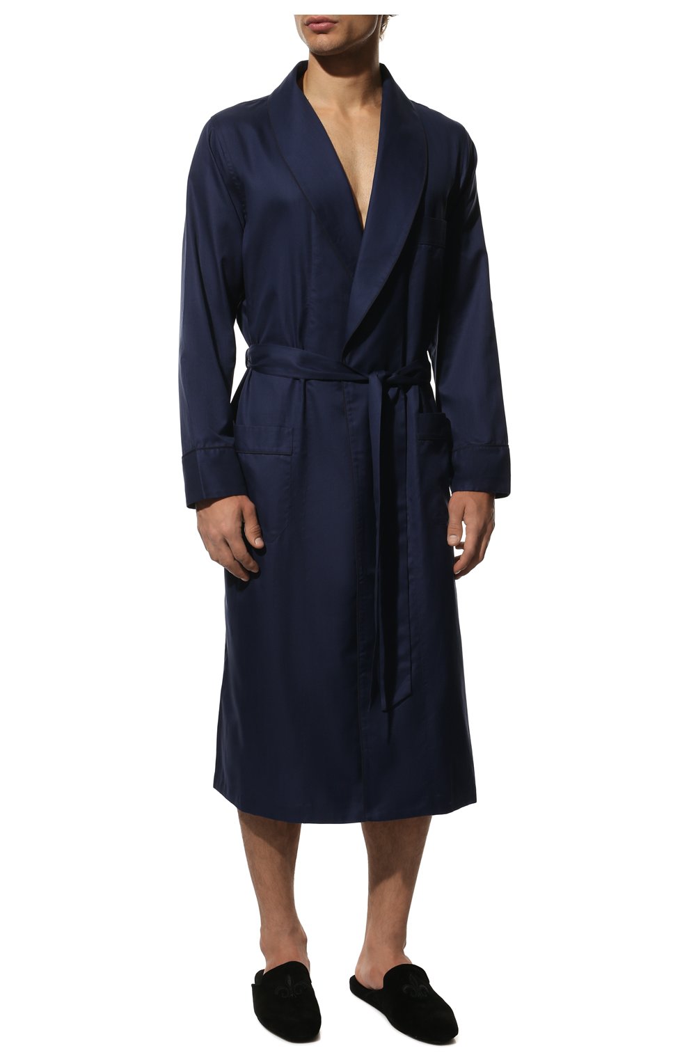 Мужской хлопковый халат ROBERTO RICETTI темно-синего цвета, арт. VESTAGLIA R0BE LUNGA/CR962 | Фото 3 (Рукава: Длинные; Кросс-КТ: домашняя одежда; Материал внешний: Хлопок; Длина (верхняя одежда): Длинные)