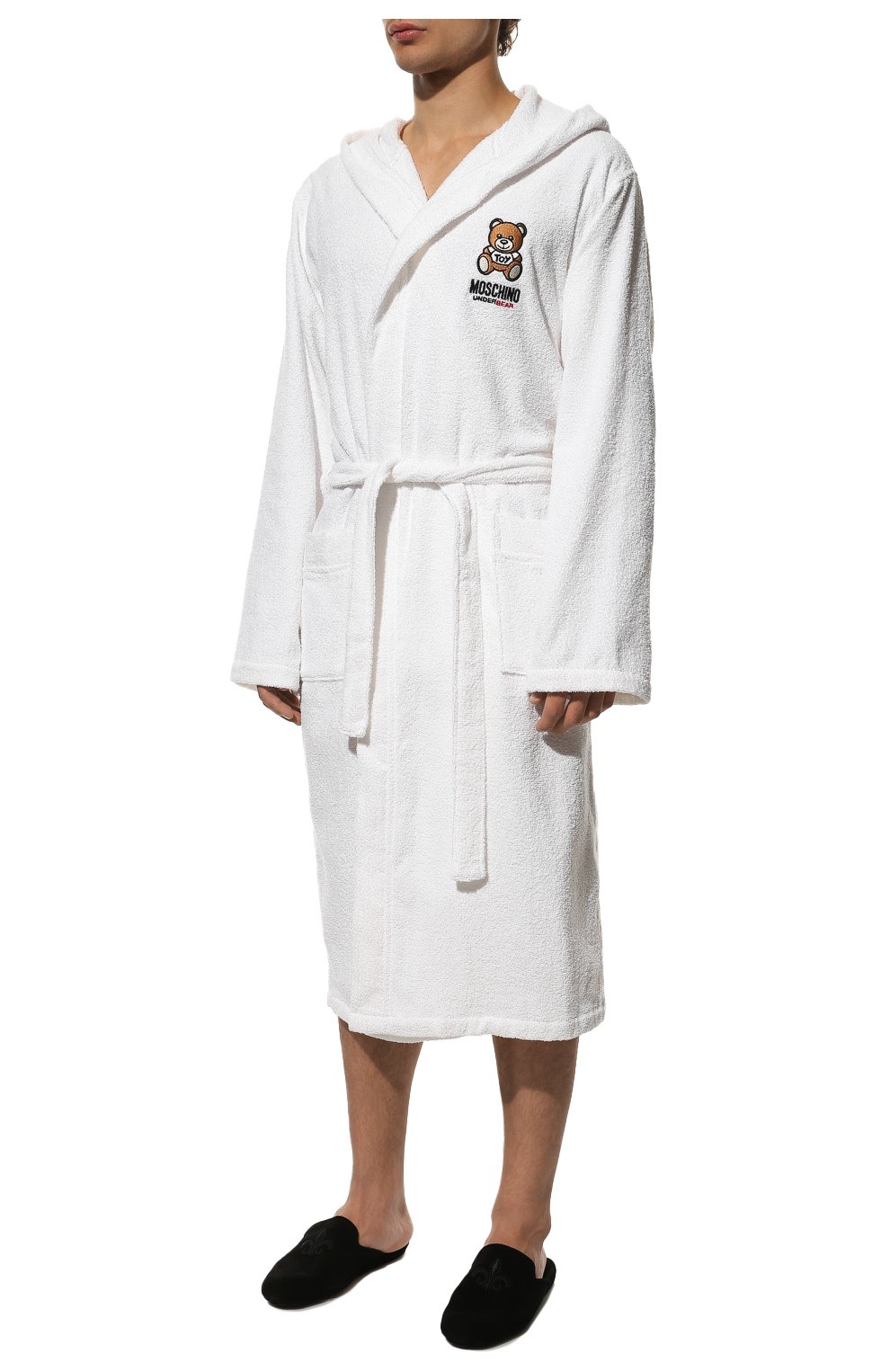 Мужской хлопковый халат MOSCHINO белого цвета, арт. A7302/5165 | Фото 3 (Рукава: Длинные; Кросс-КТ: домашняя одежда; Материал внешний: Хлопок; Длина (верхняя одежда): Длинные)