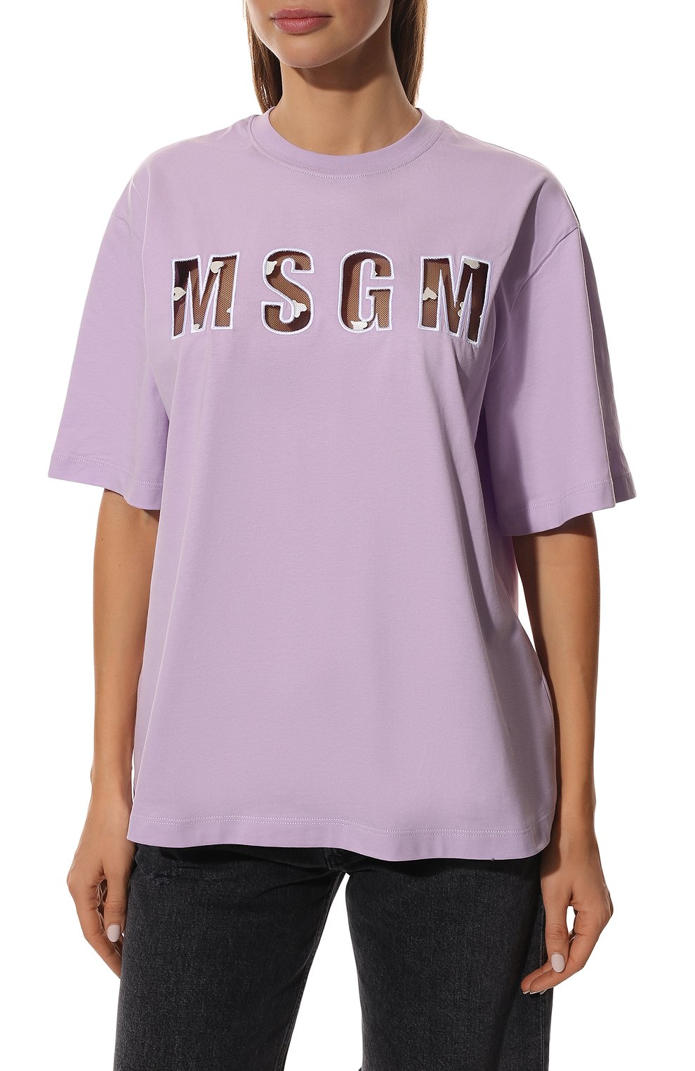 Женская хлопковая футболка MSGM сиреневого цвета, арт. 3241MDM99 227298 | Фото 3 (Женское Кросс-КТ: Футболка-спорт, Футболка-одежда; Рукава: Короткие; Длина (для топов): Стандартные; Материал внешний: Хлопок; Стили: Спорт-шик)