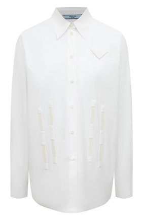 Женская хлопковая рубашка PRADA белого цвета, арт. P470FG-1XV2-F0009-221 | Фото 1 (Рукава: Длинные; Принт: Без принта; Женское Кросс-КТ: Рубашка-одежда; Длина (для топов): Удлиненные; Материал внешний: Хлопок; Стили: Кэжуэл)