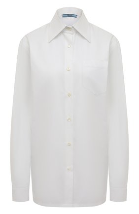 Женская хлопковая рубашка PRADA белого цвета, арт. P498E-1UCX-F0009-211 | Фото 1 (Рукава: Длинные; Принт: Без принта; Женское Кросс-КТ: Рубашка-одежда; Длина (для топов): Удлиненные; Материал внешний: Хлопок; Стили: Классический)