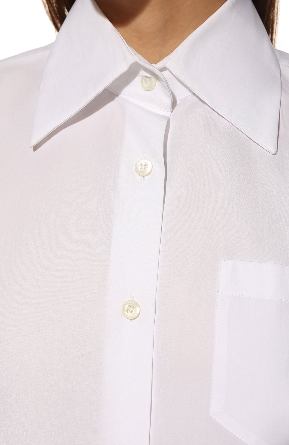 Женская хлопковая рубашка PRADA белого цвета, арт. P498E-1UCX-F0009-211 | Фото 5 (Рукава: Длинные; Принт: Без принта; Женское Кросс-КТ: Рубашка-одежда; Длина (для топов): Удлиненные; Материал внешний: Хлопок; Стили: Классический)