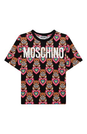 Детская хлопковая футболка MOSCHINO черного цвета по цене 10400 руб., арт. HKM02T/LBBA8/4A-8A | Фото 1 Детская хлопковая футболка MOSCHINO черного цвета, арт. HKM02T/LBBA8/4A-8A | Фото 1 (Рукава: Короткие; Материал внешний: Хлопок; Девочки Кросс-КТ: футболка-одежда; Ростовка одежда: 4 года | 104 см, 5 лет | 110 см, 6 лет | 116 см, 8 лет | 128 см)