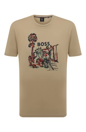 Мужская хлопковая футболка BOSS бежевого цвета, арт. 50478229 | Фото 1 (Длина (для топов): Стандартные; Рукава: Короткие; Материал внешний: Хлопок; Принт: С принтом; Стили: Кэжуэл)