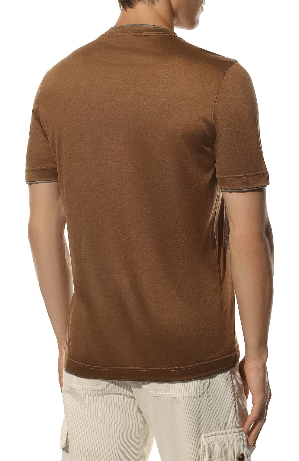Мужская шелковая футболка ANDREA CAMPAGNA коричневого цвета, арт. 60123/78310 | Фото 4 (Материал внешний: Шелк; Принт: Без принта; Рукава: Короткие; Длина (для топов): Стандартные; Стили: Кэжуэл)