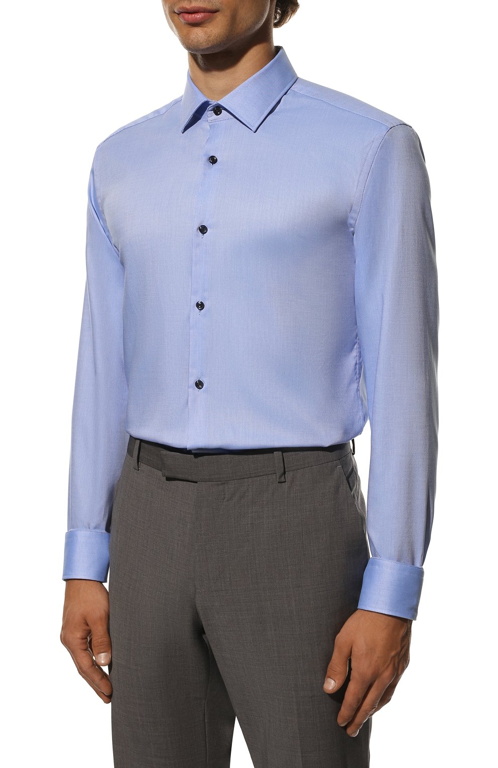 Мужская хлопковая сорочка HUGO синего цвета, арт. 50473381 | Фото 4 (Манжеты: На пуговицах; Воротник: Кент; Рукава: Длинные; Длина (для топов): Стандартные; Рубашки М: Slim Fit; Материал внешний: Хлопок; Стили: Классический; Случай: Формальный; Принт: Однотонные)