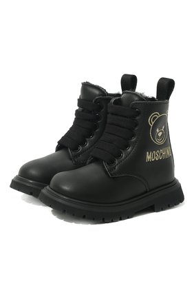 Детские кожаные ботинки MOSCHINO черного цвета, арт. 71723 VAR.1/18-27 | Фото 1 (Материал внешний: Кожа; Материал утеплителя: Натуральный мех)