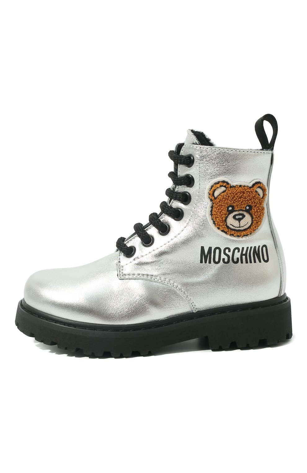 Детские кожаные ботинки MOSCHINO серебряного цвета, арт. 71868 VAR.2/28-35 | Фото 2 (Материал внешний: Кожа; Материал утеплителя: Натуральный мех)