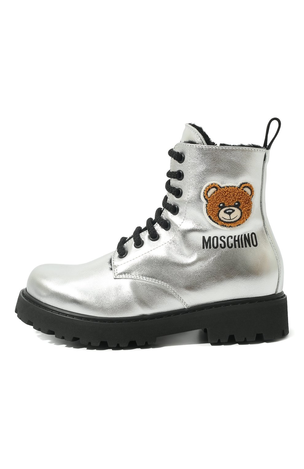 Детские кожаные ботинки MOSCHINO серебряного цвета, арт. 71868 VAR.2/36-41 | Фото 2 (Материал внешний: Кожа; Материал утеплителя: Натуральный мех)