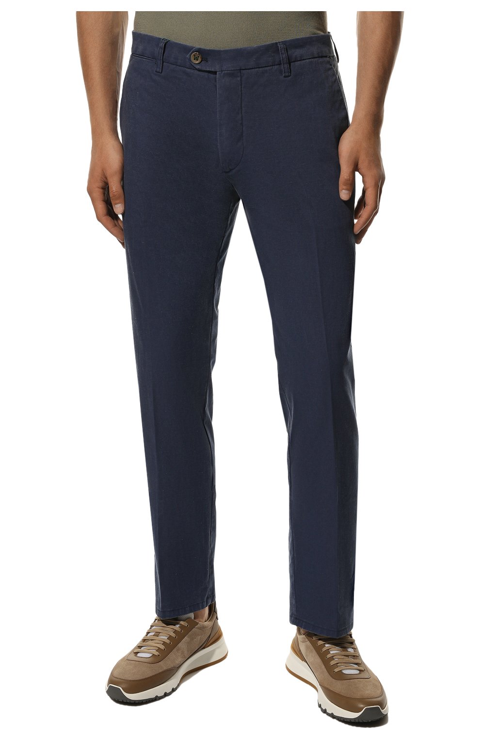 Мужские брюки из хлопка и льна BERWICH темно-синего цвета, арт. ZIP/1/BM1200X | Фото 3 (Силуэт М (брюки): Чиносы; Длина (брюки, джинсы): Стандартные; Случай: Повседневный; Материал внешний: Хлопок; Стили: Кэжуэл)