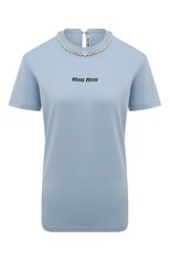 Женская хлопковая футболка MIU MIU светло-голубого цвета, арт. MJN264-10OO-F0076 | Фото 1 (Рукава: Короткие; Длина (для топов): Стандартные; Материал внешний: Хлопок; Женское Кросс-КТ: Футболка-одежда; Стили: Романтичный)