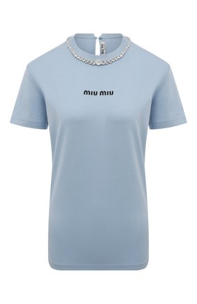 Женская хлопковая футболка MIU MIU светло-голубого цвета по цене 100000 руб., арт. MJN264-10OO-F0076 | Фото 1
