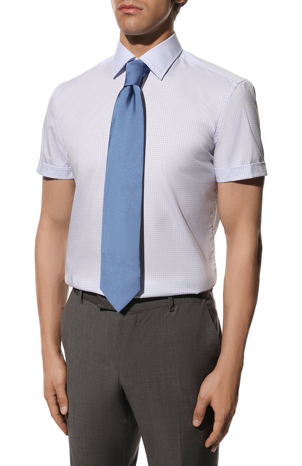 Мужская хлопковая сорочка BOSS синего цвета, арт. 50473906 | Фото 3 (Принт: Клетка; Воротник: Кент; Рукава: Короткие; Длина (для топов): Стандартные; Рубашки М: Slim Fit; Материал внешний: Хлопок; Стили: Классический; Случай: Формальный)
