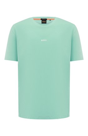 Мужская хлопковая футболка BOSS бирюзового цвета, арт. 50473278 | Фото 1 (Рукава: Короткие; Материал внешний: Хлопок; Длина (для топов): Стандартные; Принт: С принтом; Стили: Кэжуэл)
