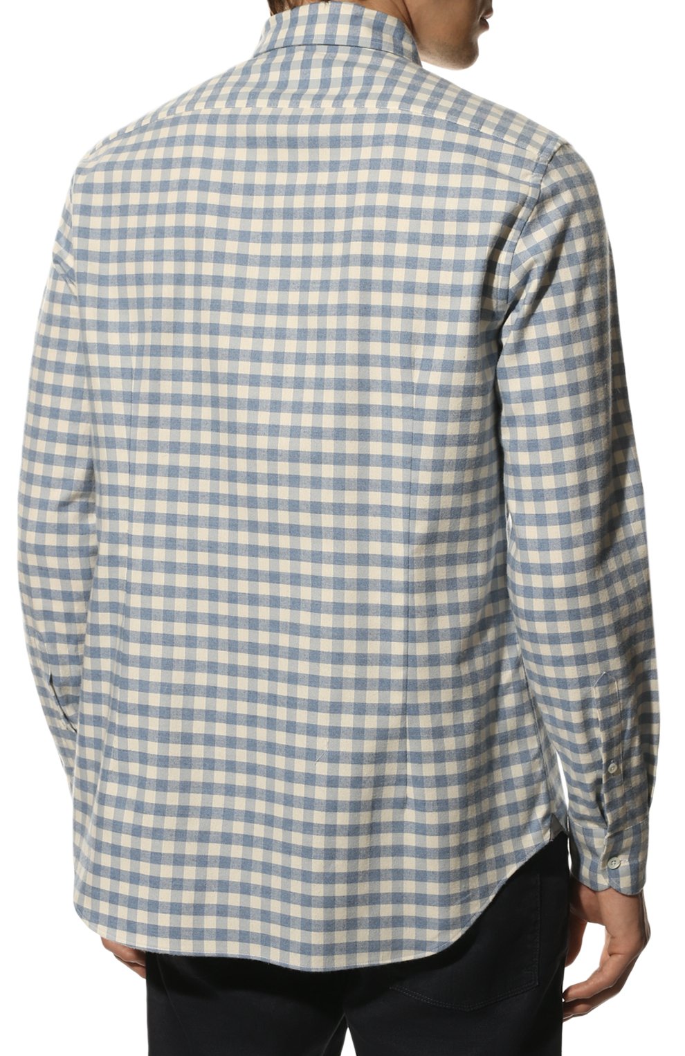 Мужская рубашка из хлопка и кашемира CORNELIANI серо-голубого цвета, арт. 90P156-2811629/00 | Фото 4 (Манжеты: На пуговицах; Рукава: Длинные; Рубашки М: Regular Fit; Воротник: Акула; Случай: Повседневный; Длина (для топов): Стандартные; Принт: С принтом; Материал внешний: Хлопок; Стили: Кэжуэл)