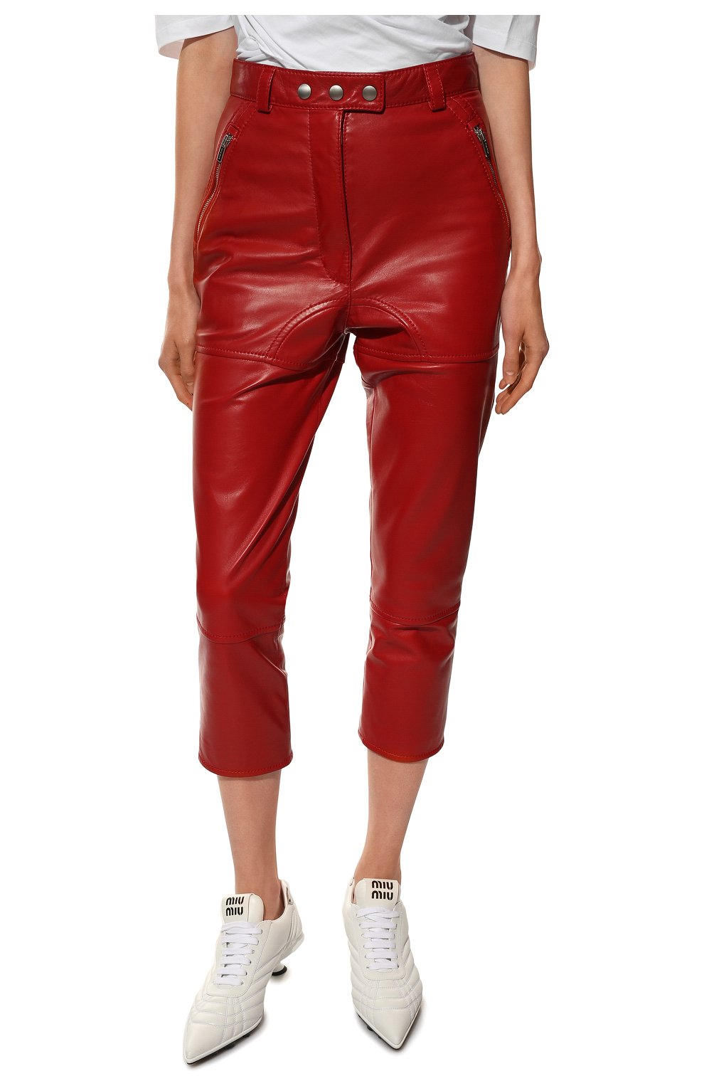 Женские кожаные брюки MIU MIU красного цвета, арт. MPP326-038-F0011 | Фото 3 (Женское Кросс-КТ: Брюки-одежда, Кожаные брюки; Стили: Гранж; Материал внешний: Натуральная кожа; Силуэт Ж (брюки и джинсы): Узкие; Длина (брюки, джинсы): Укороченные)