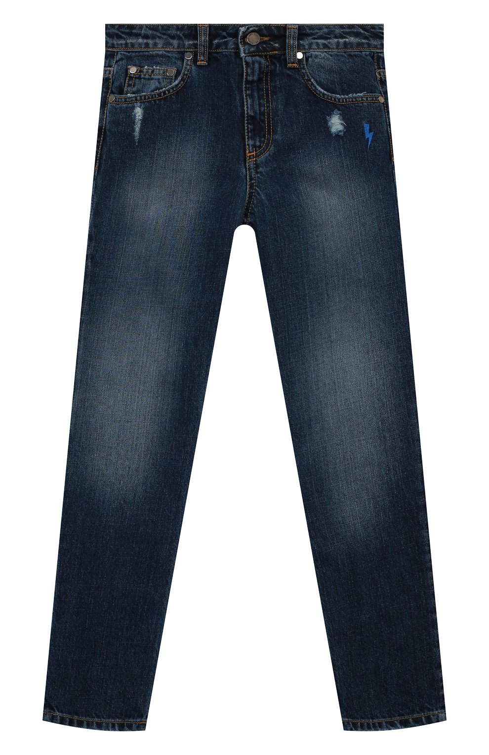 Детские джинсы NEIL BARRETT KIDS синего цвета, арт. 032181 | Фото 1 (Материал внешний: Хлопок; Детали: Потертости)