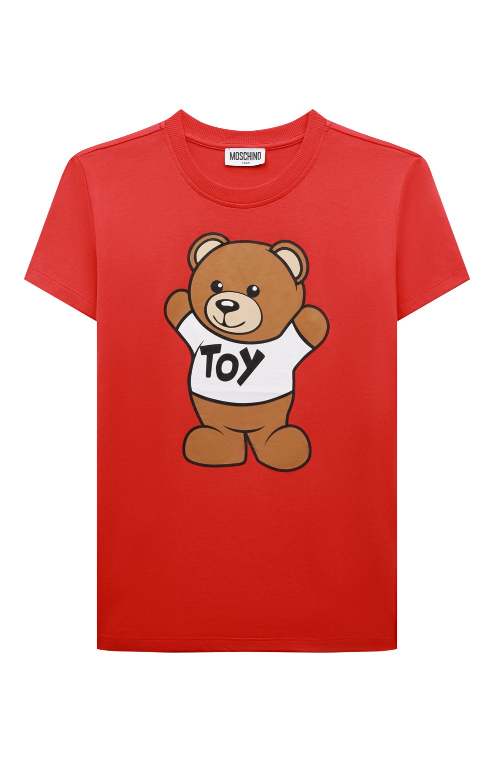 Детская хлопковая футболка MOSCHINO красного цвета, арт. HUM03U/LAA01/4A-8A | Фото 1 (Девочки Кросс-КТ: футболка-одежда; Рукава: Короткие; Материал внешний: Хлопок)