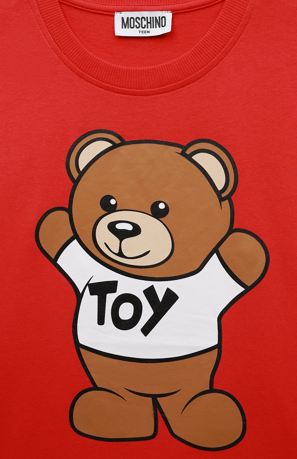 Детская хлопковая футболка MOSCHINO красного цвета, арт. HUM03U/LAA01/4A-8A | Фото 3 (Девочки Кросс-КТ: футболка-одежда; Рукава: Короткие; Материал внешний: Хлопок)